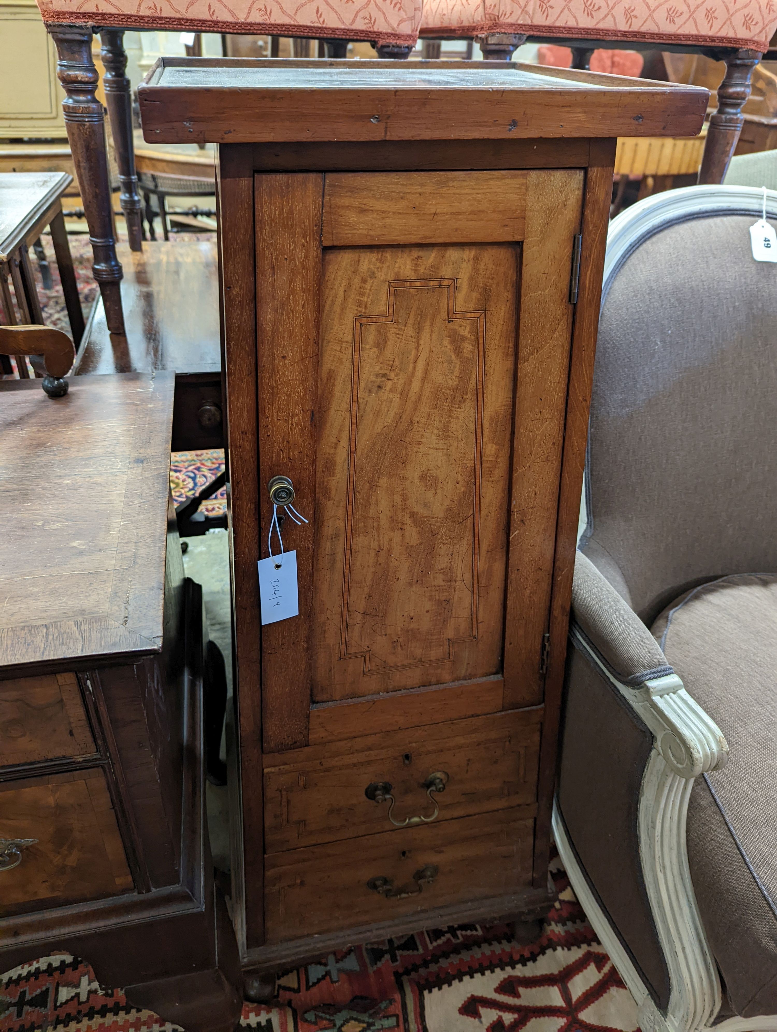 An Edwardian satinwood banded mahogany cabinet, of tapering form, width 37cm, depth 37cm, height 106cm